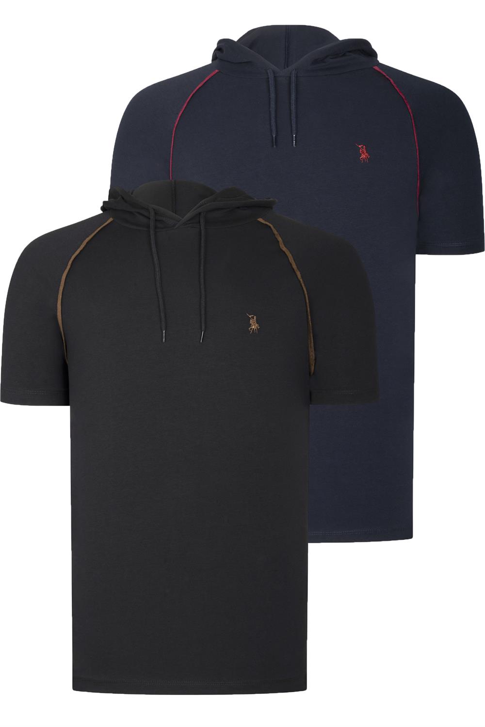 İKİLİ SET T8570 DEWBERRY KAPŞONLU ERKEK T-SHIRT-SİYAH-LACİVERT