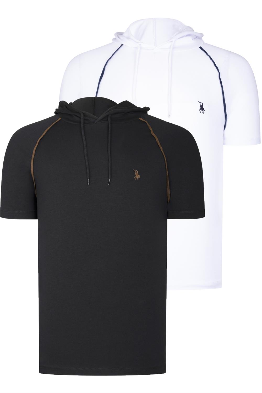 İKİLİ SET T8570 DEWBERRY KAPŞONLU ERKEK T-SHIRT-SİYAH-BEYAZ