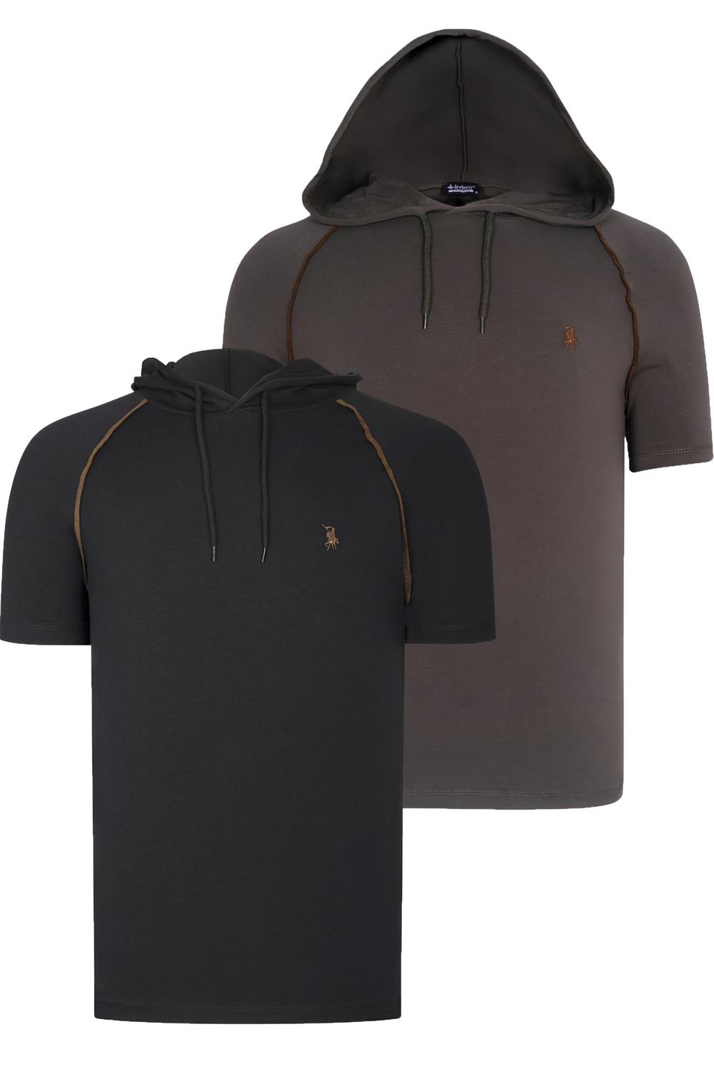 İKİLİ SET T8570 DEWBERRY KAPŞONLU ERKEK T-SHIRT-SİYAH-HAKİ