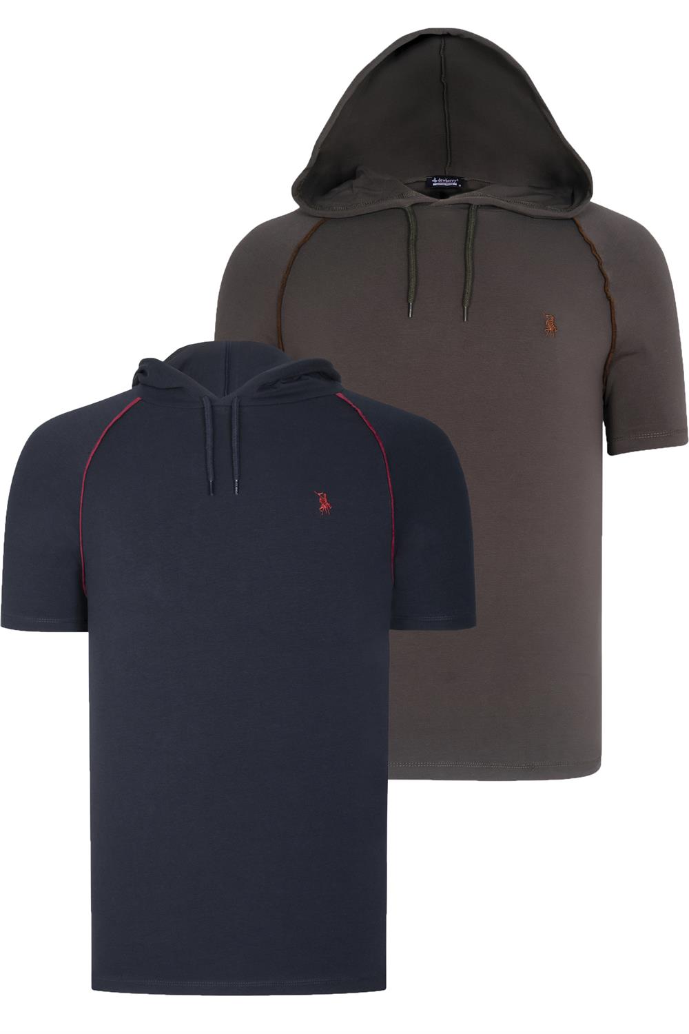 İKİLİ SET T8570 DEWBERRY KAPŞONLU ERKEK T-SHIRT-LACİVERT-HAKİ