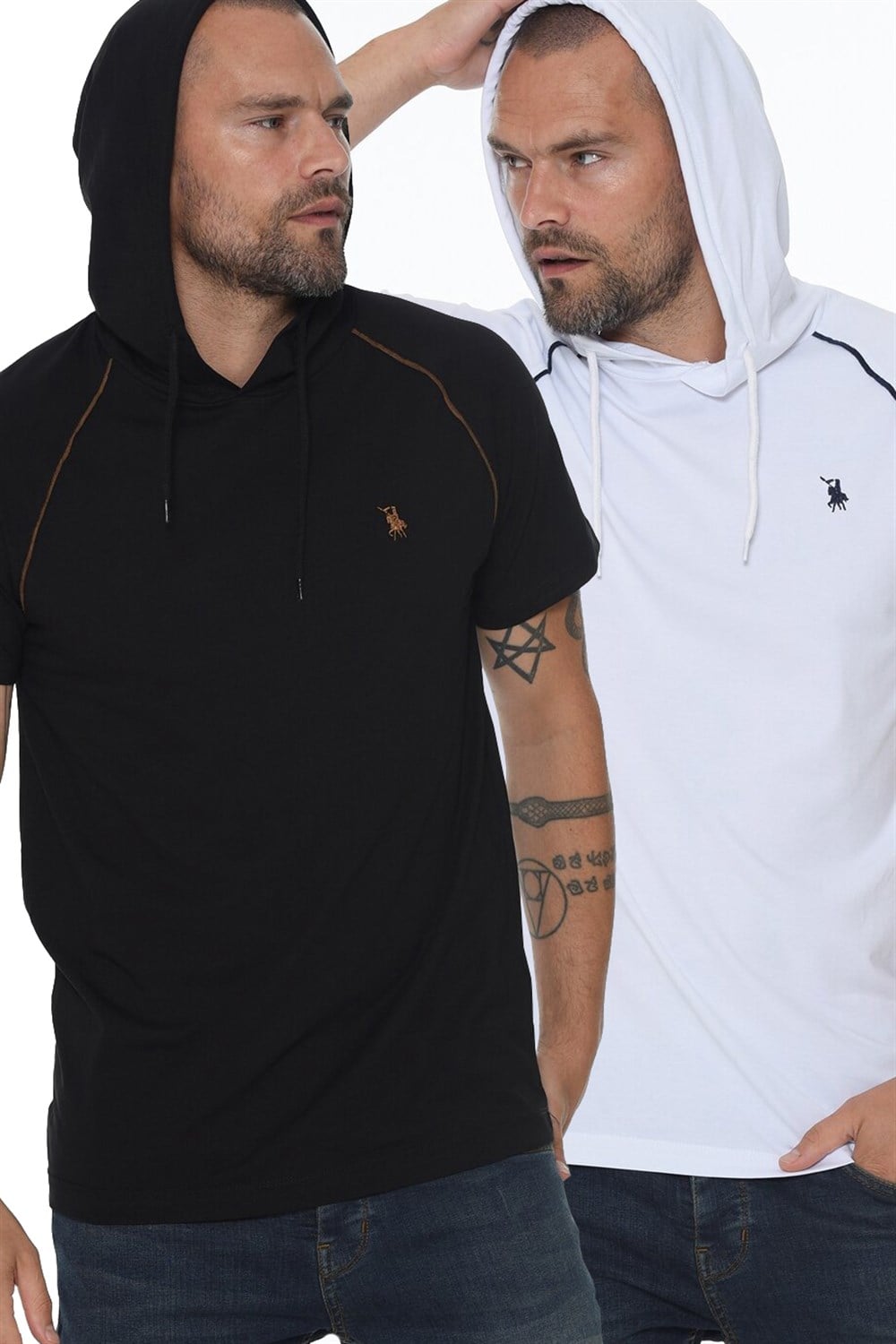 İKİLİ SET T8570 DEWBERRY KAPŞONLU ERKEK T-SHIRT-BEYAZ-SİYAH