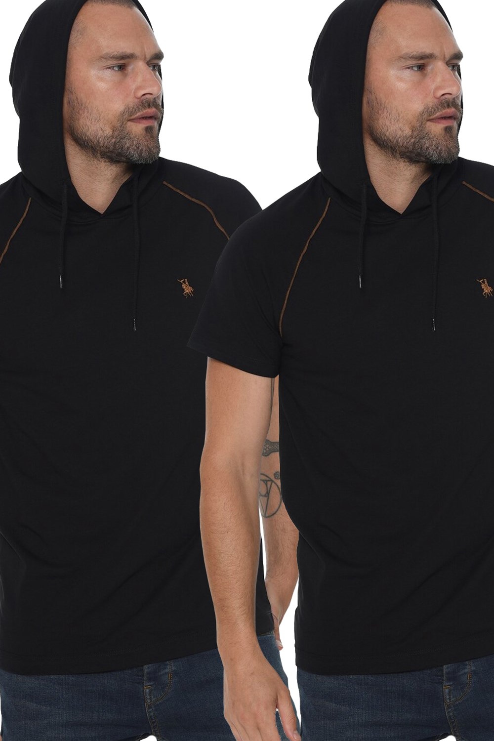 İKİLİ SET T8570 DEWBERRY KAPŞONLU ERKEK T-SHIRT-SİYAH-SİYAH