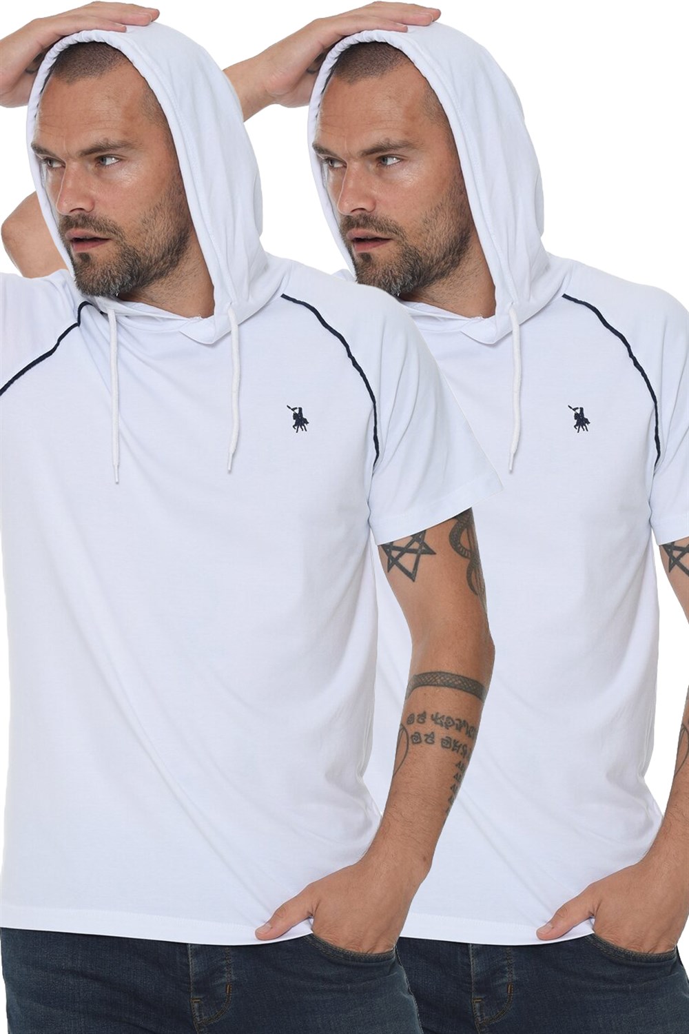 İKİLİ SET T8570 DEWBERRY KAPŞONLU ERKEK T-SHIRT-BEYAZ-BEYAZ