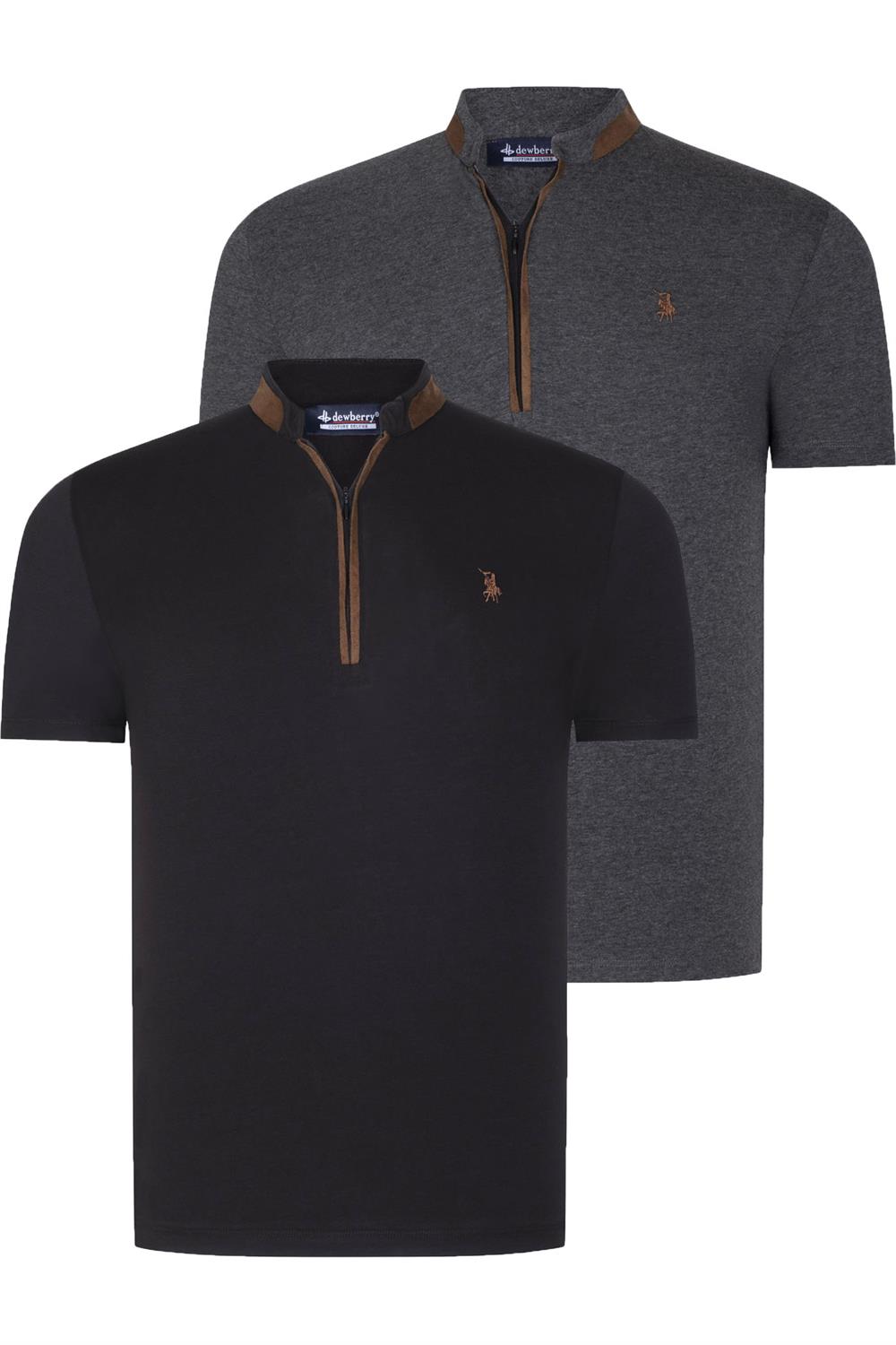 İKİLİ SET T8571 DEWBERRY FERMUARLI ERKEK T-SHIRT-ANTRASİT-SİYAH
