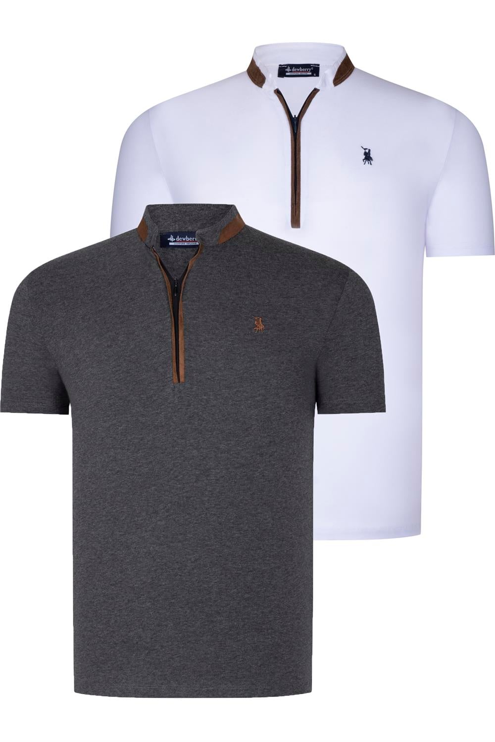 İKİLİ SET T8571 DEWBERRY FERMUARLI ERKEK T-SHIRT-ANTRASİT-BEYAZ