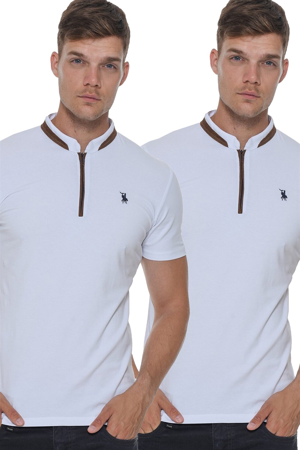 İKİLİ SET T8571 DEWBERRY FERMUARLI ERKEK T-SHIRT-BEYAZ-BEYAZ