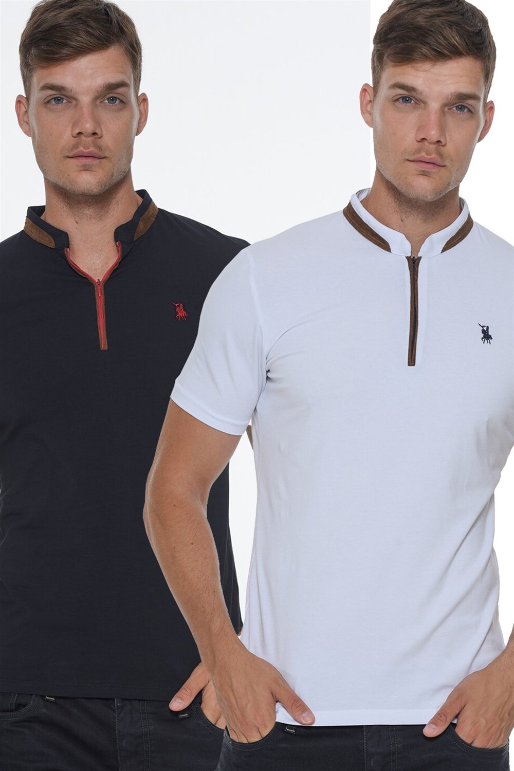İKİLİ SET T8571 DEWBERRY FERMUARLI ERKEK T-SHIRT-BEYAZ - LACİVERT