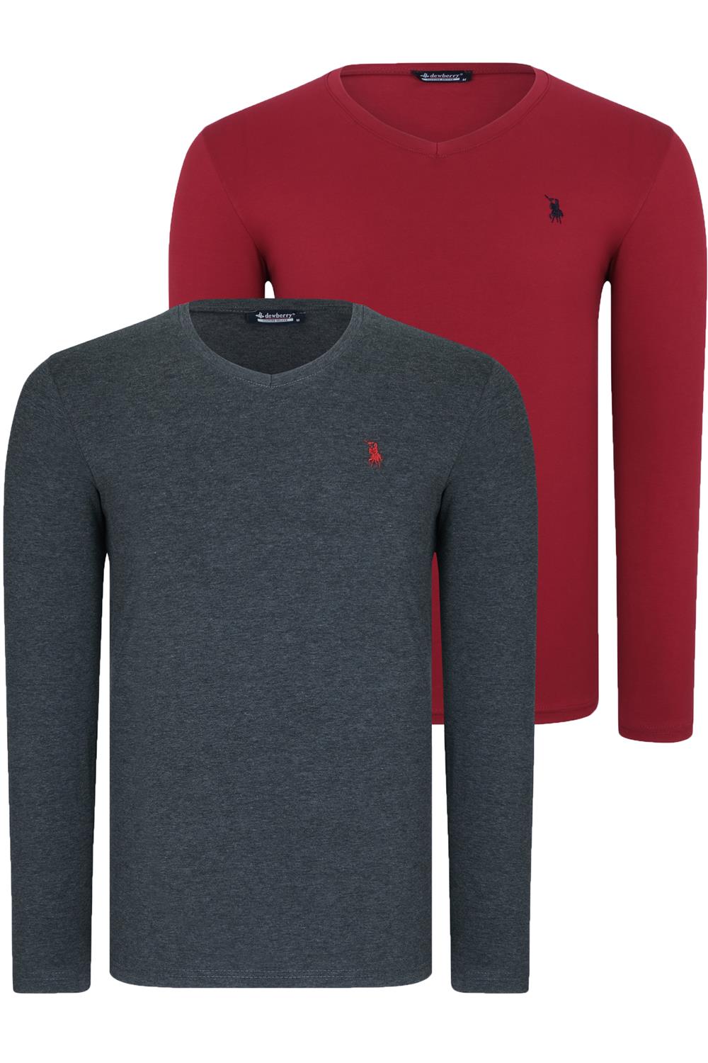 İKİLİ SET T8587 DEWBERRY V YAKA ERKEK SWEATSHIRT-BORDO-ANTRASİT
