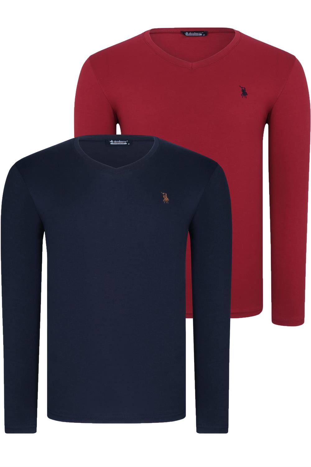 İKİLİ SET T8587 DEWBERRY V YAKA ERKEK SWEATSHIRT-LACİVERT- BORDO