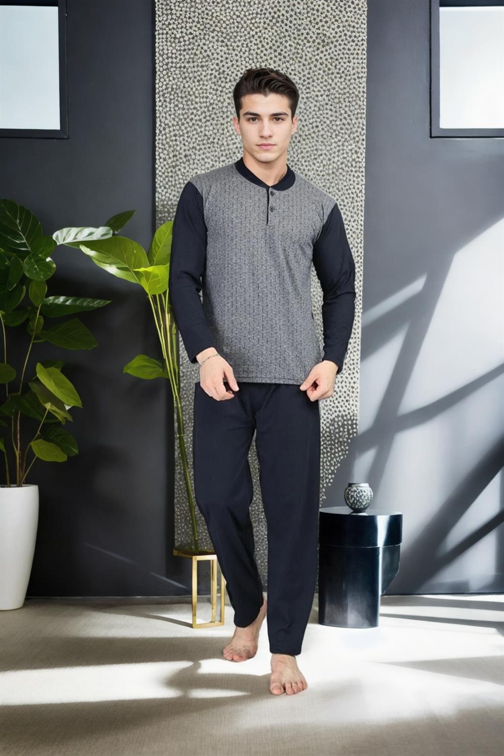 J2542 Dewberry Mens Jacquard Pyjama Set-GRİ