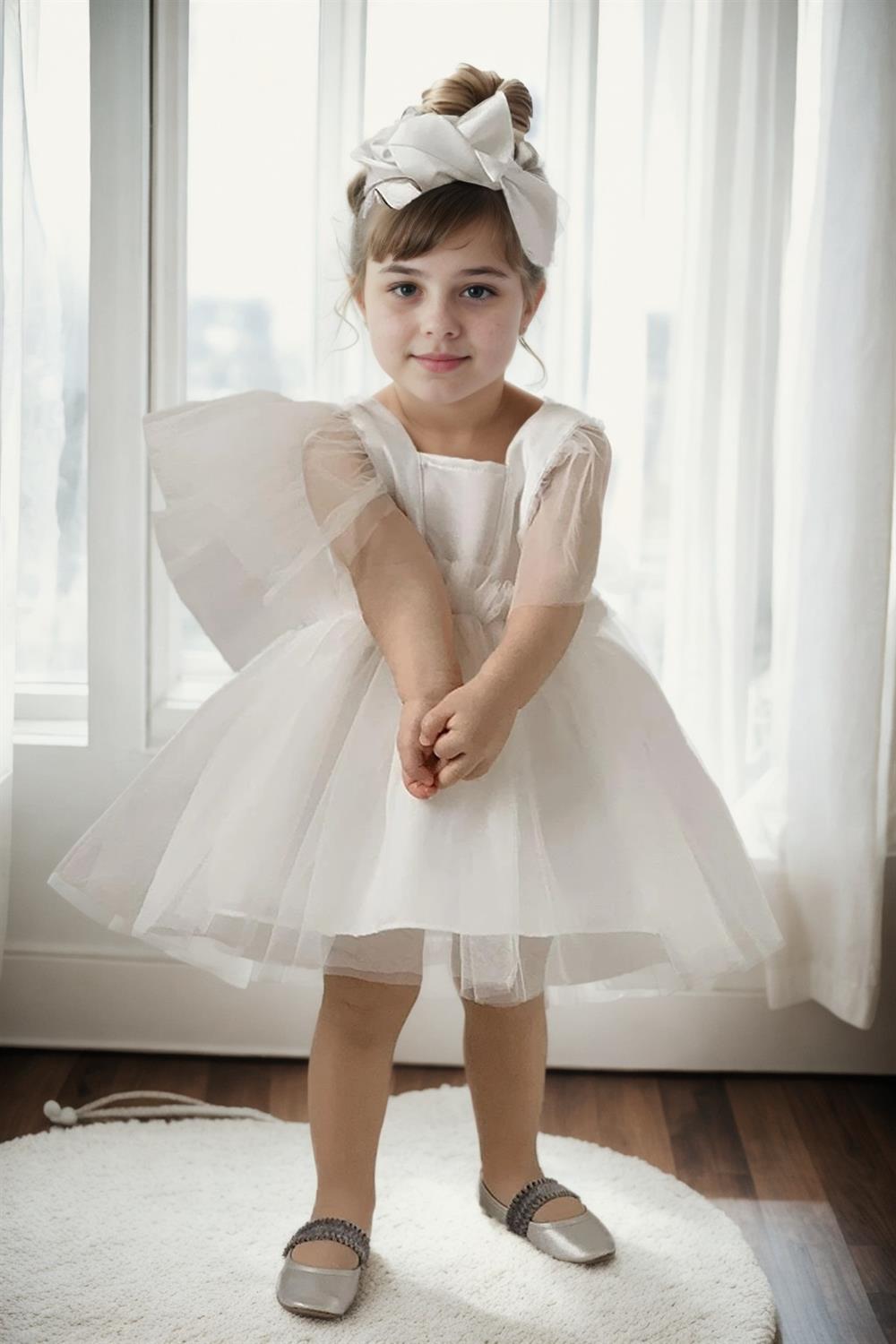 N2401 Dewberry Girls Satin Evening Dress-BEYAZ