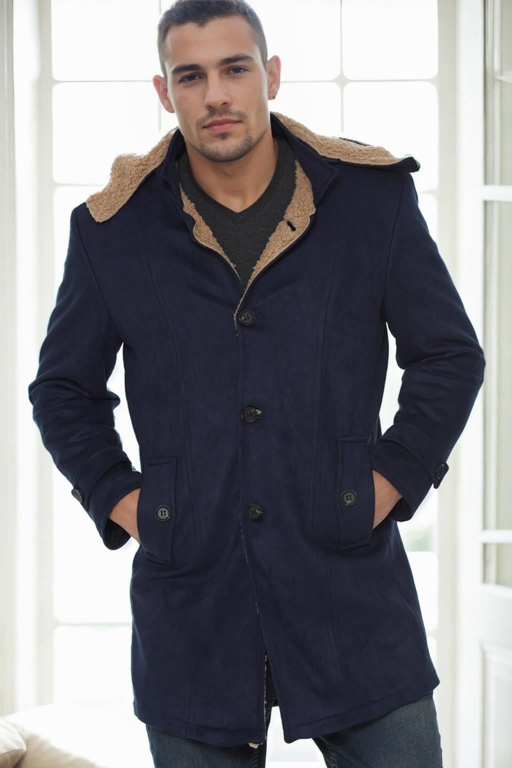 PLT8399 DEWBERRY SÜET GÖRÜNÜMLÜ ERKEK PALTO-LACİVERT-2