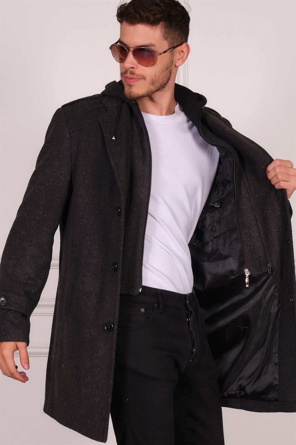PLT8401 DEWBERRY ERKEK PALTO-DESENLİ SİYAH