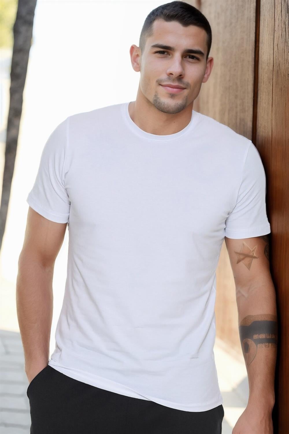 T8569 DEWBERRY BİSİKLET YAKA ERKEK T-SHIRT-AÇIK BEYAZ