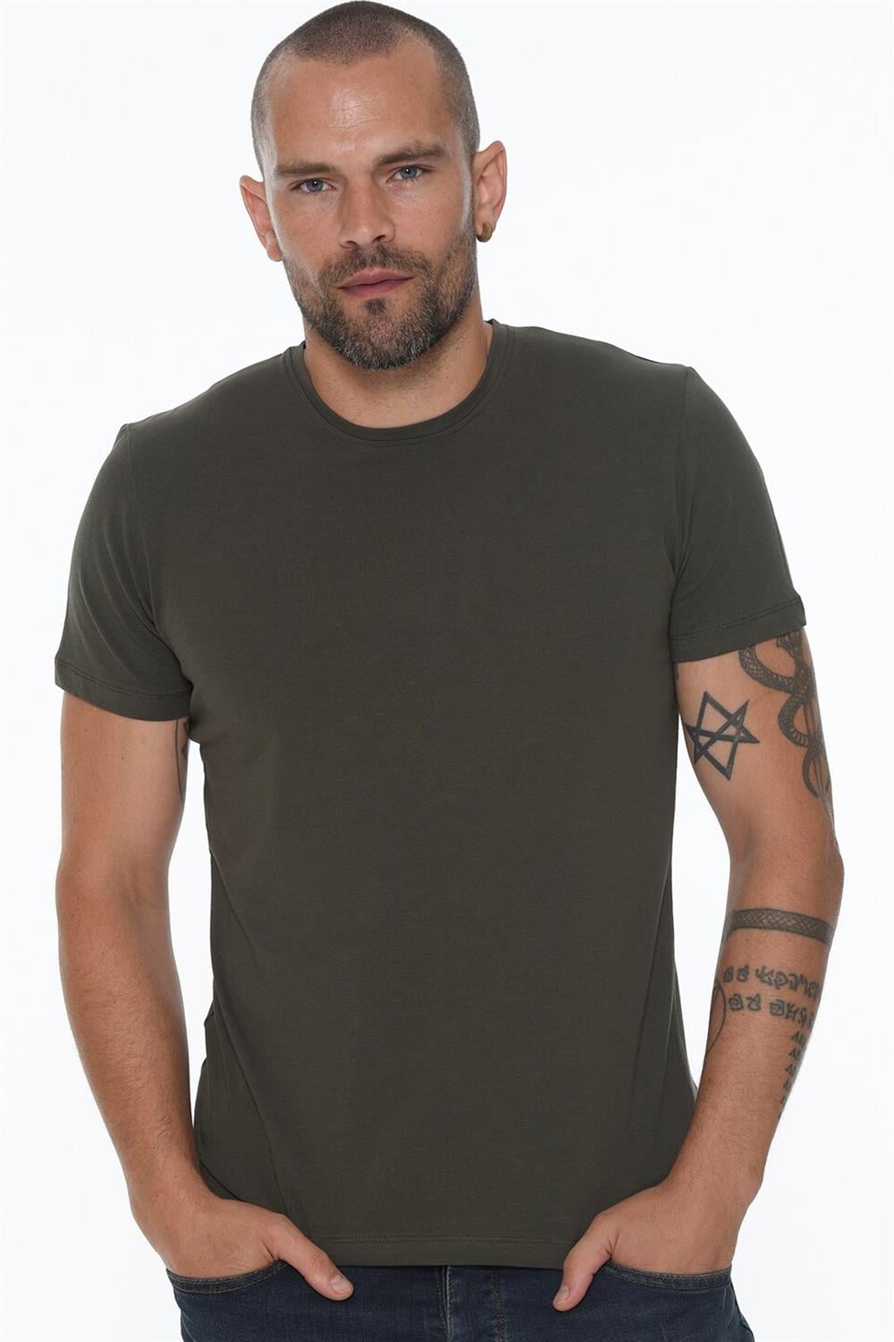 T8569 DEWBERRY BİSİKLET YAKA ERKEK T-SHIRT-KOYU HAKİ