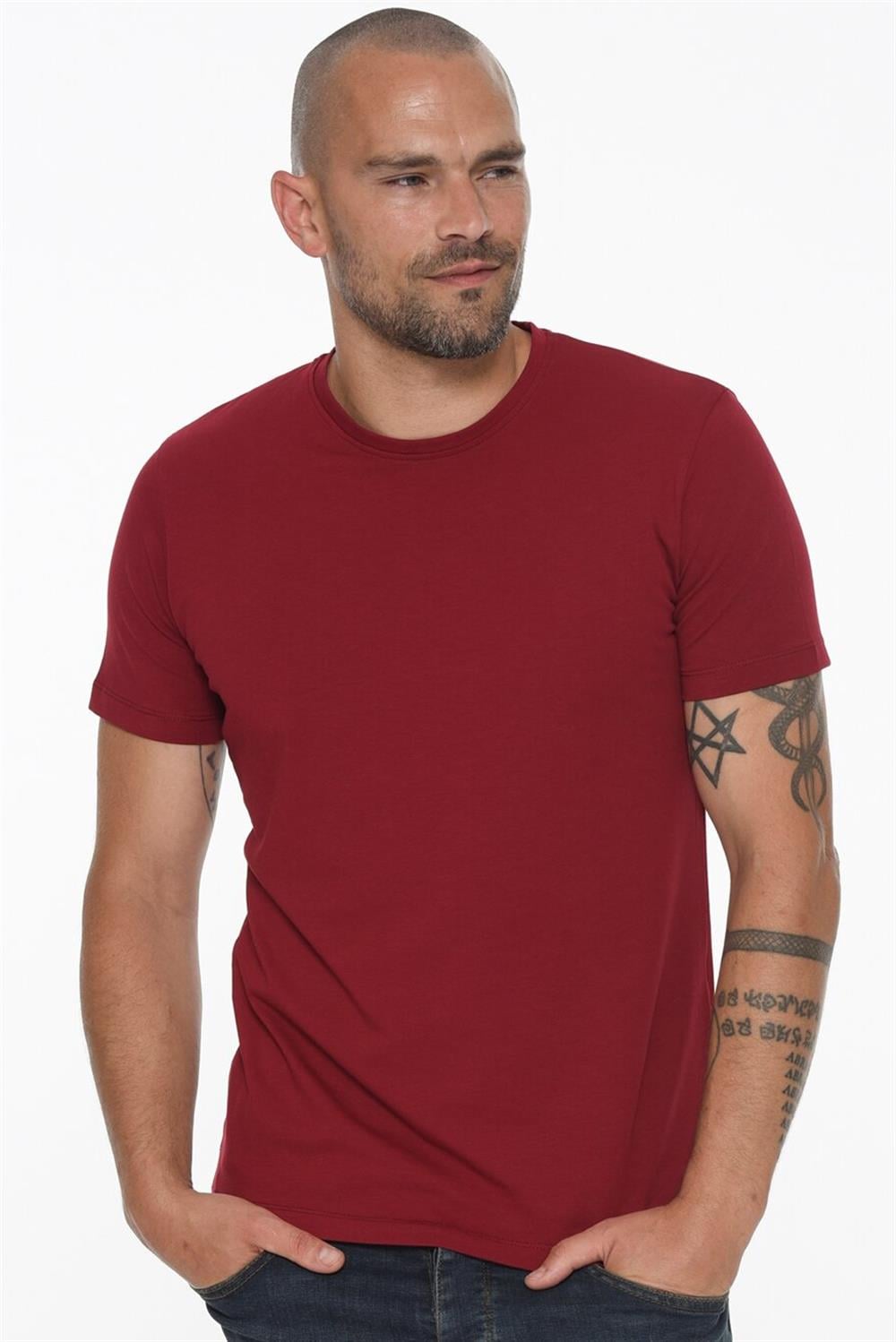 T8569 DEWBERRY BİSİKLET YAKA ERKEK T-SHIRT-KOYU BORDO