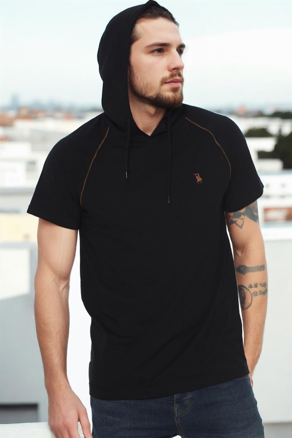 T8570 DEWBERRY KAPŞONLU ERKEK T-SHIRT-KOYU SİYAH