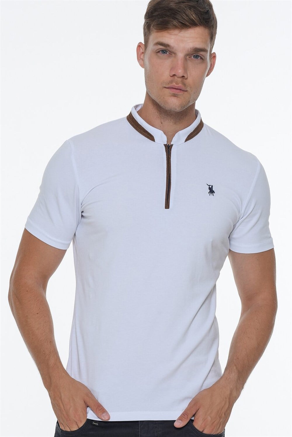 T8571 DEWBERRY FERMUARLI ERKEK T-SHIRT-BEYAZ