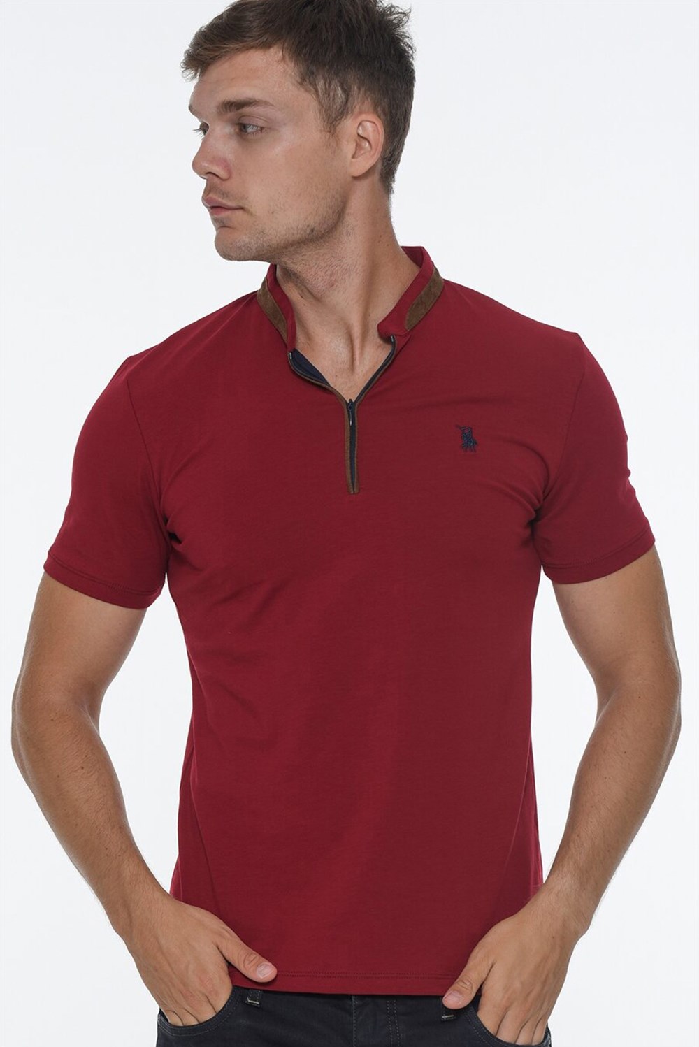 T8571 DEWBERRY FERMUARLI ERKEK T-SHIRT-BORDO