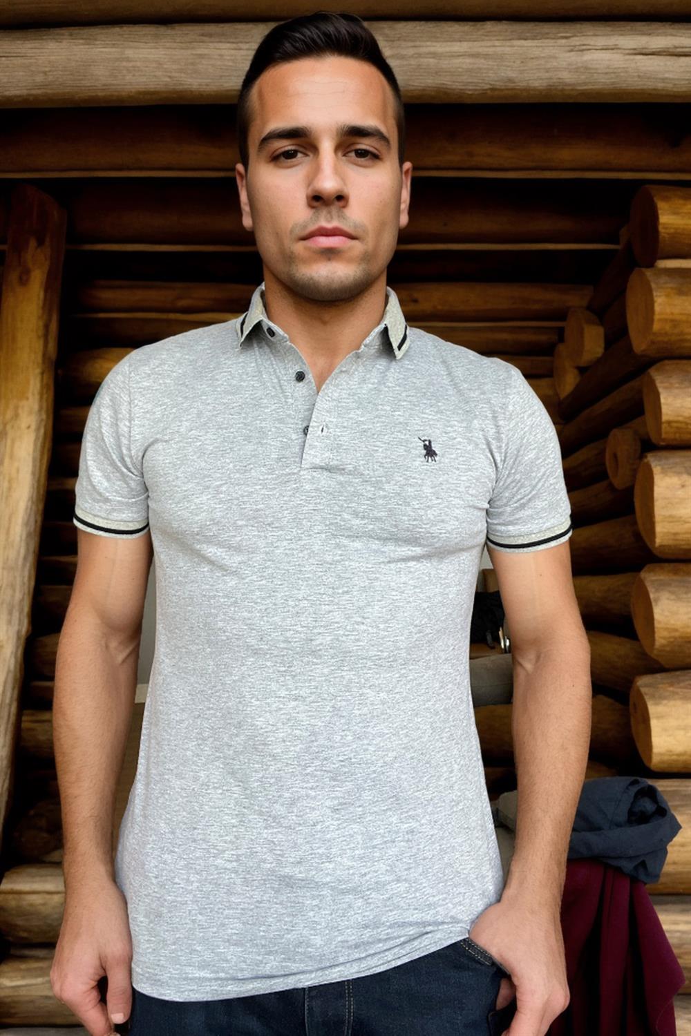 T8586 DEWBERRY ERKEK POLO YAKA T-SHIRT-DÜZ GRİ
