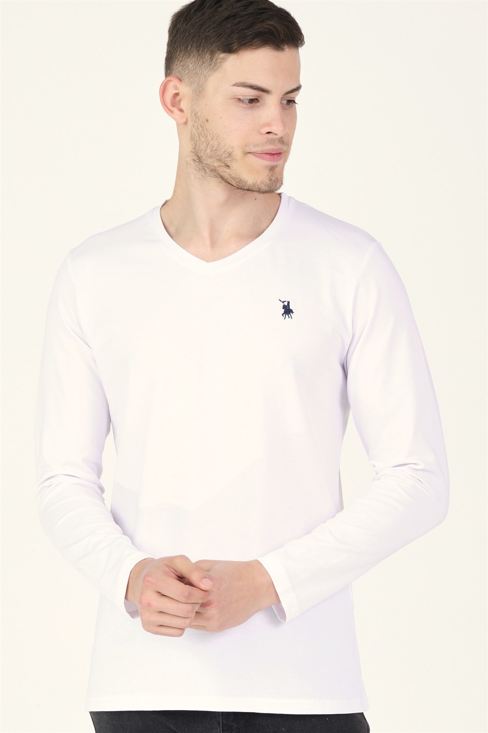 T8587 DEWBERRY V YAKA ERKEK SWEATSHIRT-BEYAZ