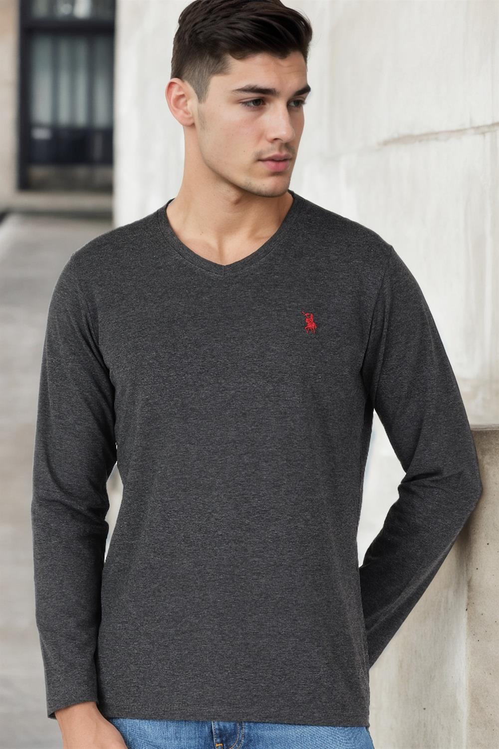 T8587 DEWBERRY V YAKA ERKEK UZUN KOL T-SHIRT-ANTRASİT-1