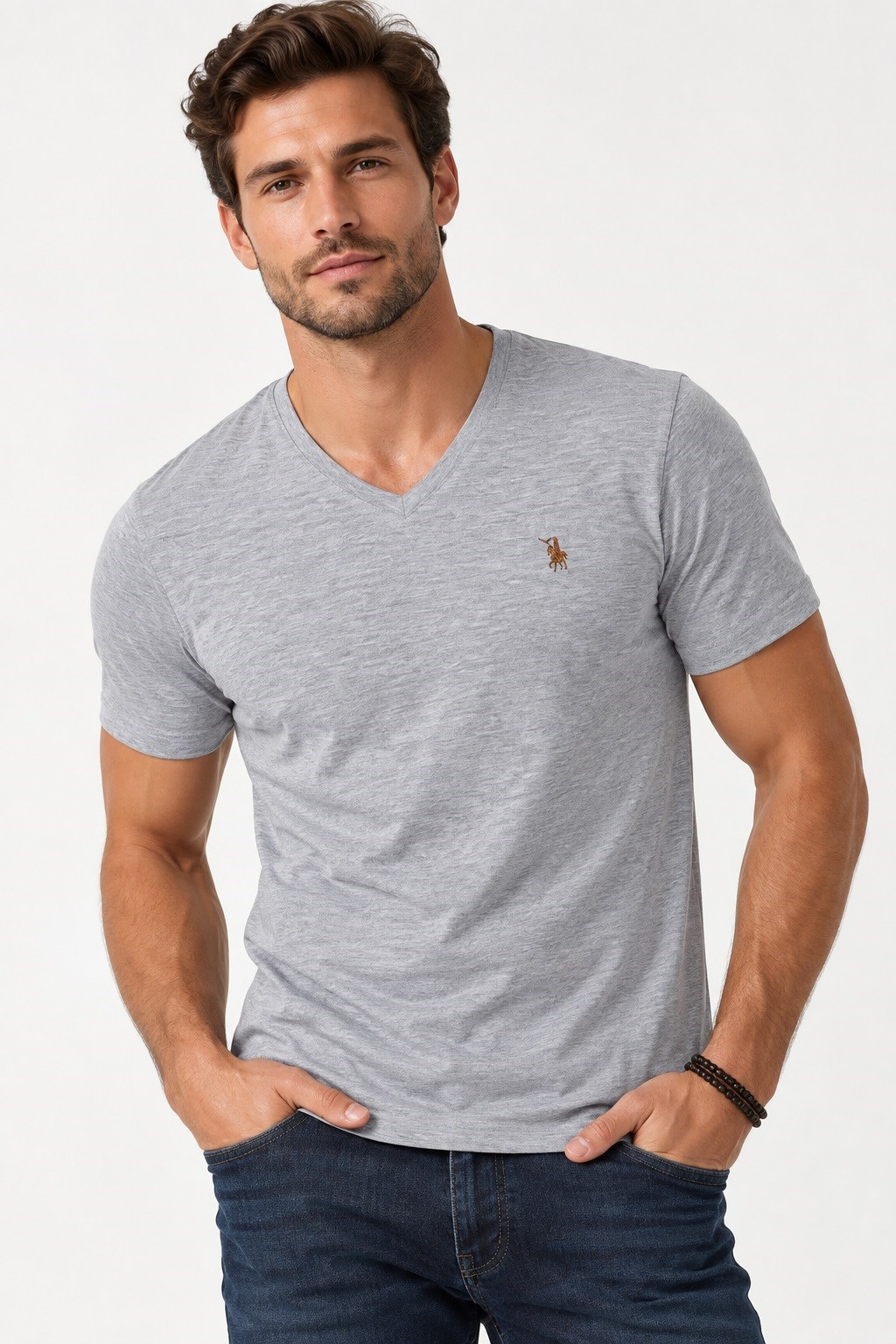 T9568 DEWBERRY V YAKA ERKEK T-SHIRT-AÇIK GRİ