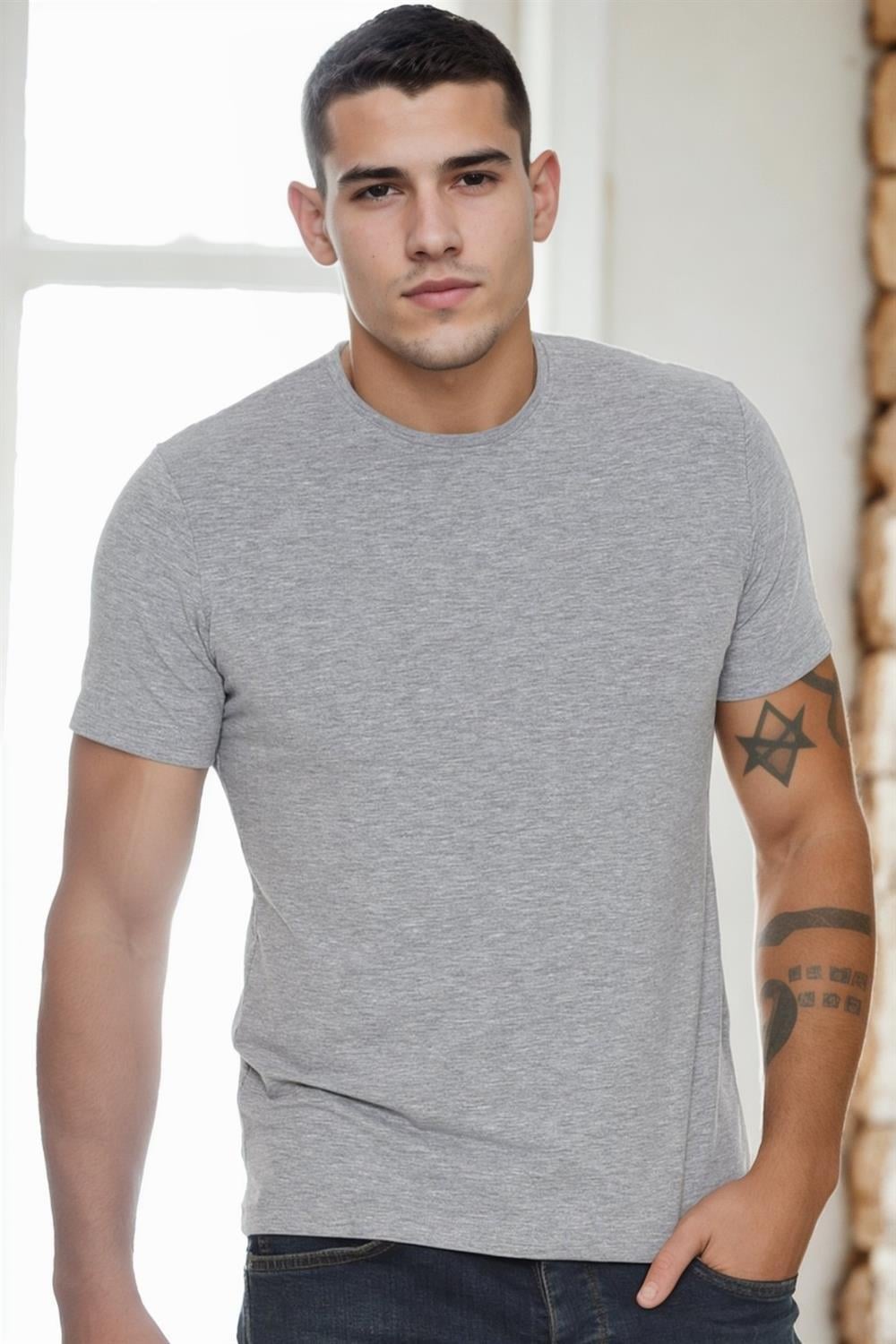 T9569 DEWBERRY BİSİKLET YAKA ERKEK T-SHIRT-GRİ