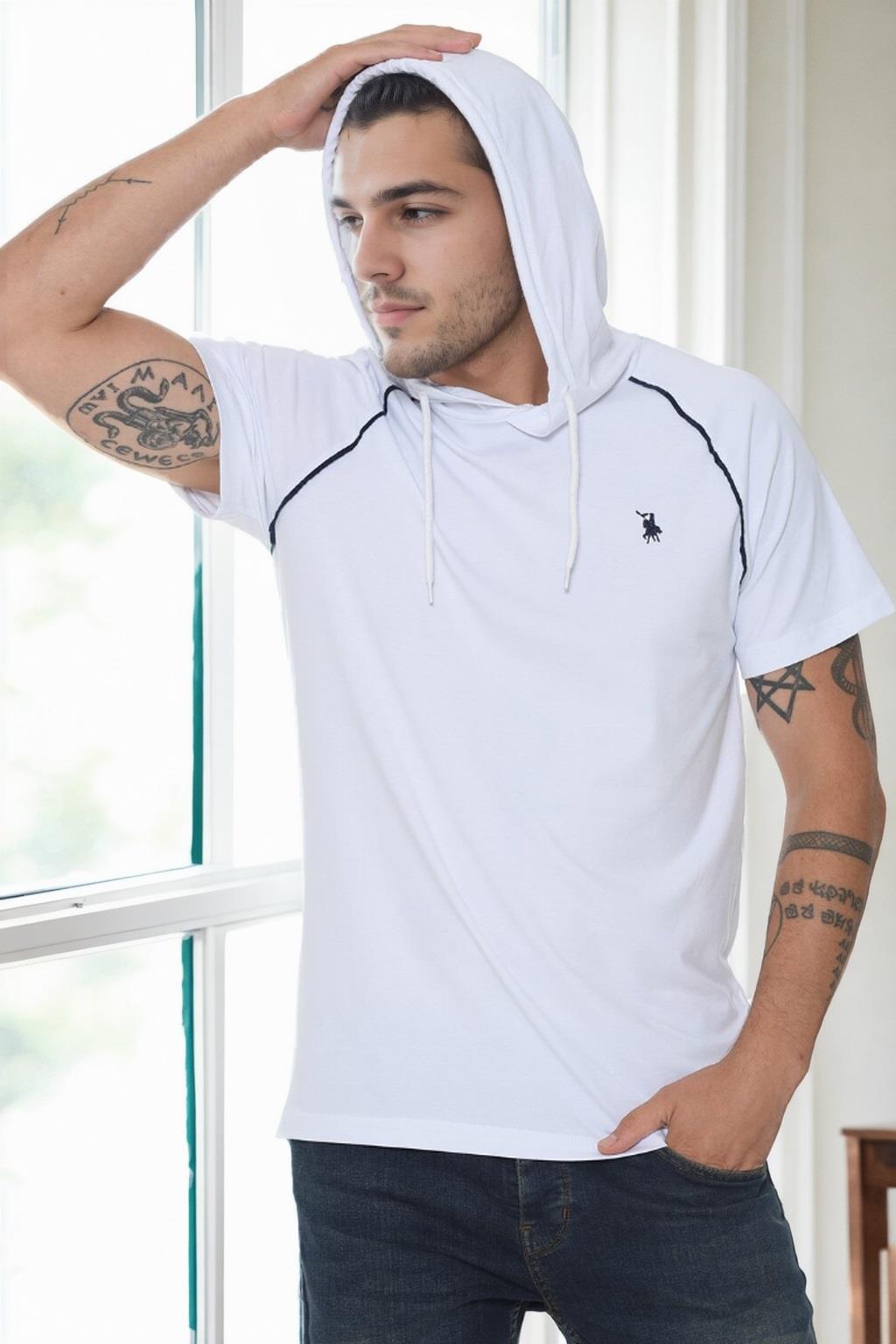 T9570 DEWBERRY KAPŞONLU ERKEK T-SHIRT-BEYAZ