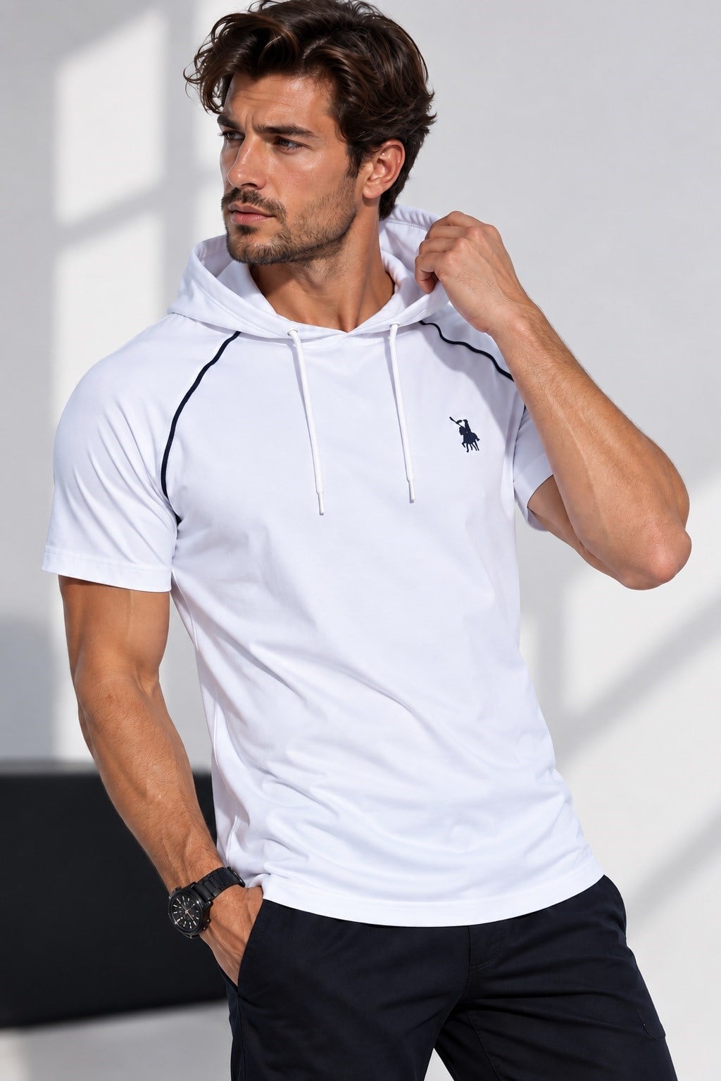 T9570 DEWBERRY KAPŞONLU ERKEK T-SHIRT-DÜZ BEYAZ