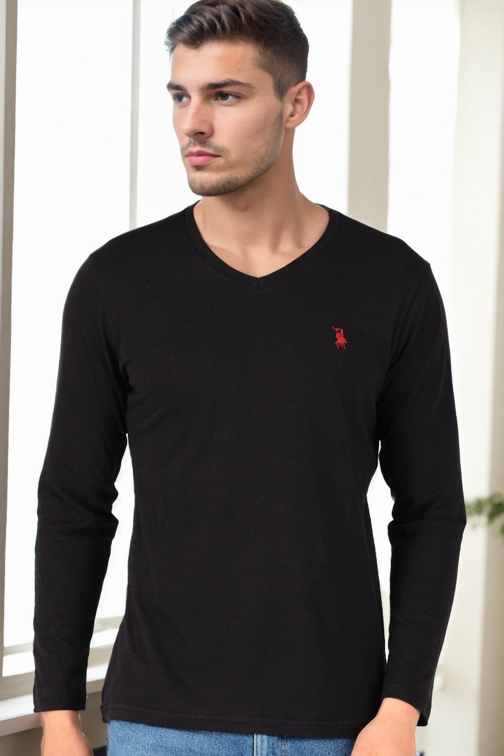 T9587 DEWBERRY V YAKA ERKEK UZUN KOL T-SHIRT-SİYAH