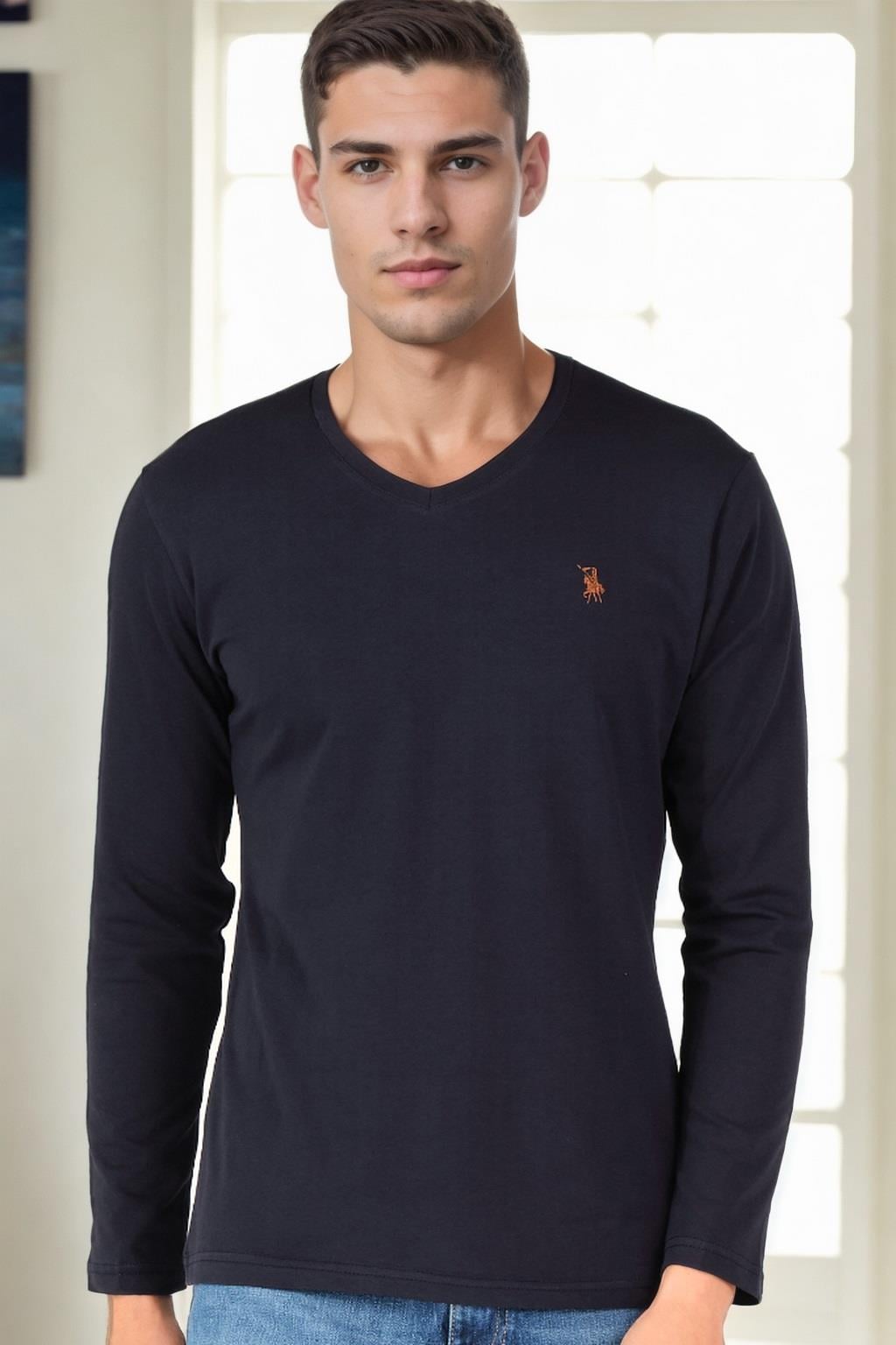 T9587 DEWBERRY V YAKA ERKEK UZUN KOL T-SHIRT-LACİVERT
