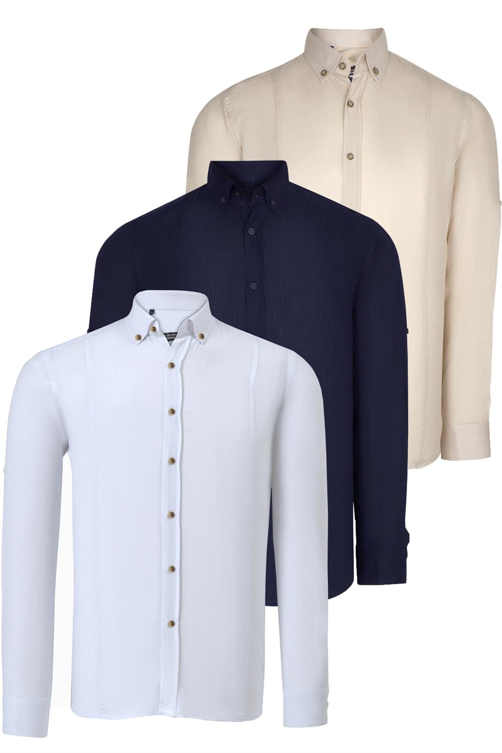 ÜÇLÜ SET G721 DEWBERRY ERKEK GÖMLEK-LACİVERT-BEYAZ-BEJ