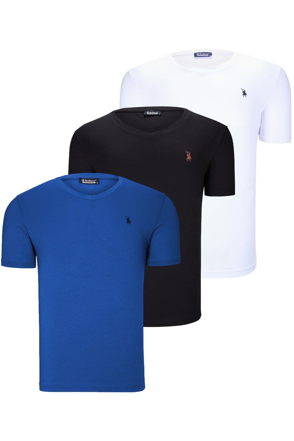 ÜÇLÜ SET T8568 DEWBERRY V YAKA ERKEK T-SHIRT-KOYU SİYAH-KAR BEYAZ-AÇIK SAX