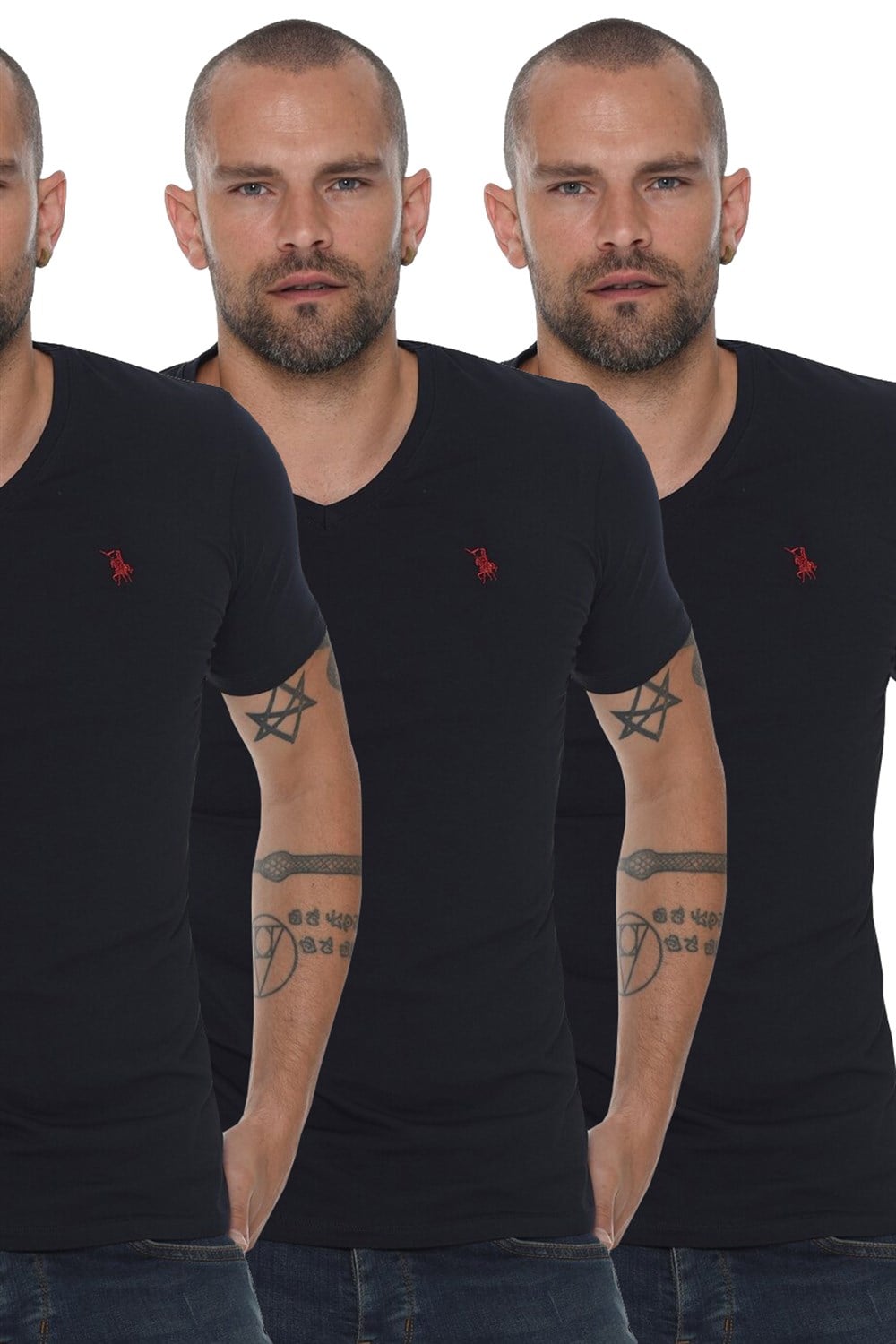 ÜÇLÜ SET T8568 DEWBERRY V YAKA ERKEK T-SHIRT-LACİVERT-LACİVERT-LACİVERT
