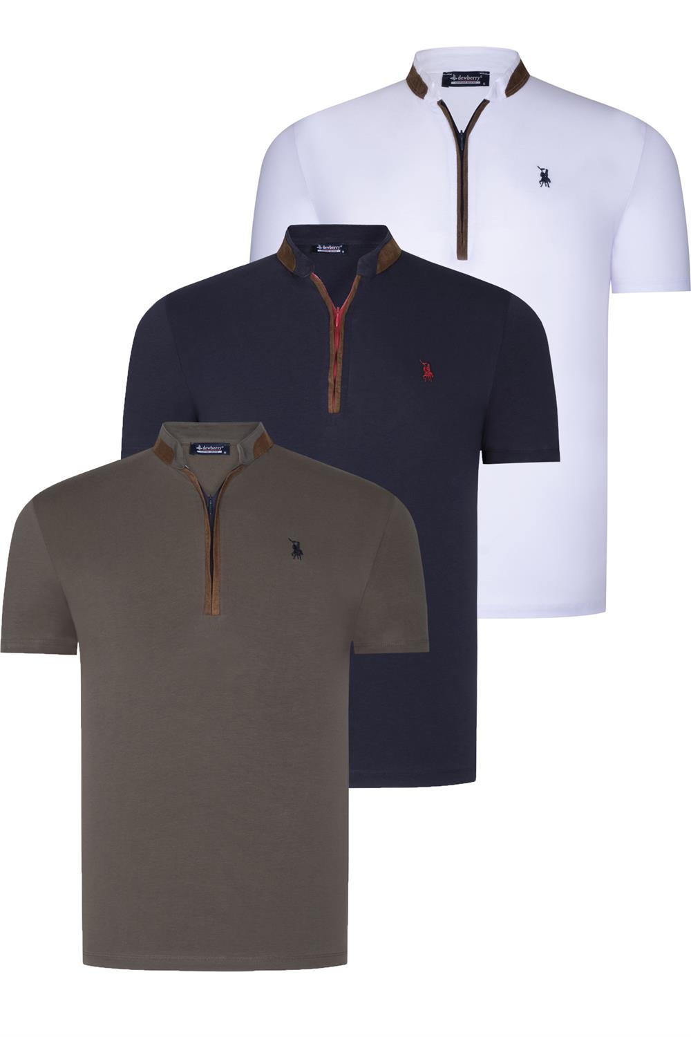 ÜÇLÜ SET T8571 DEWBERRY FERMUARLI ERKEK T-SHIRT-LACİVERT-BEYAZ-HAKİ