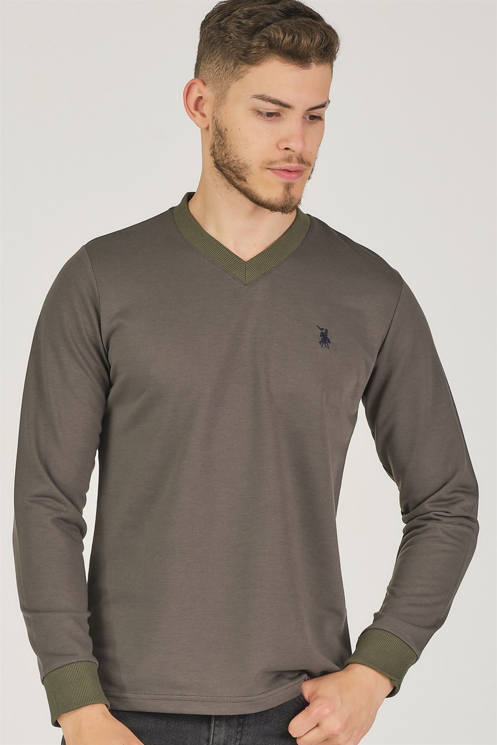 V4002 DEWBERRY V YAKA ERKEK SWEATSHIRT-HAKİ