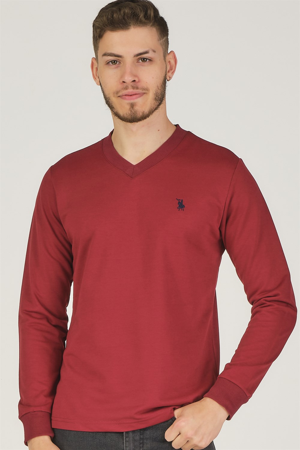 V4002 DEWBERRY V YAKA ERKEK SWEATSHIRT-BORDO