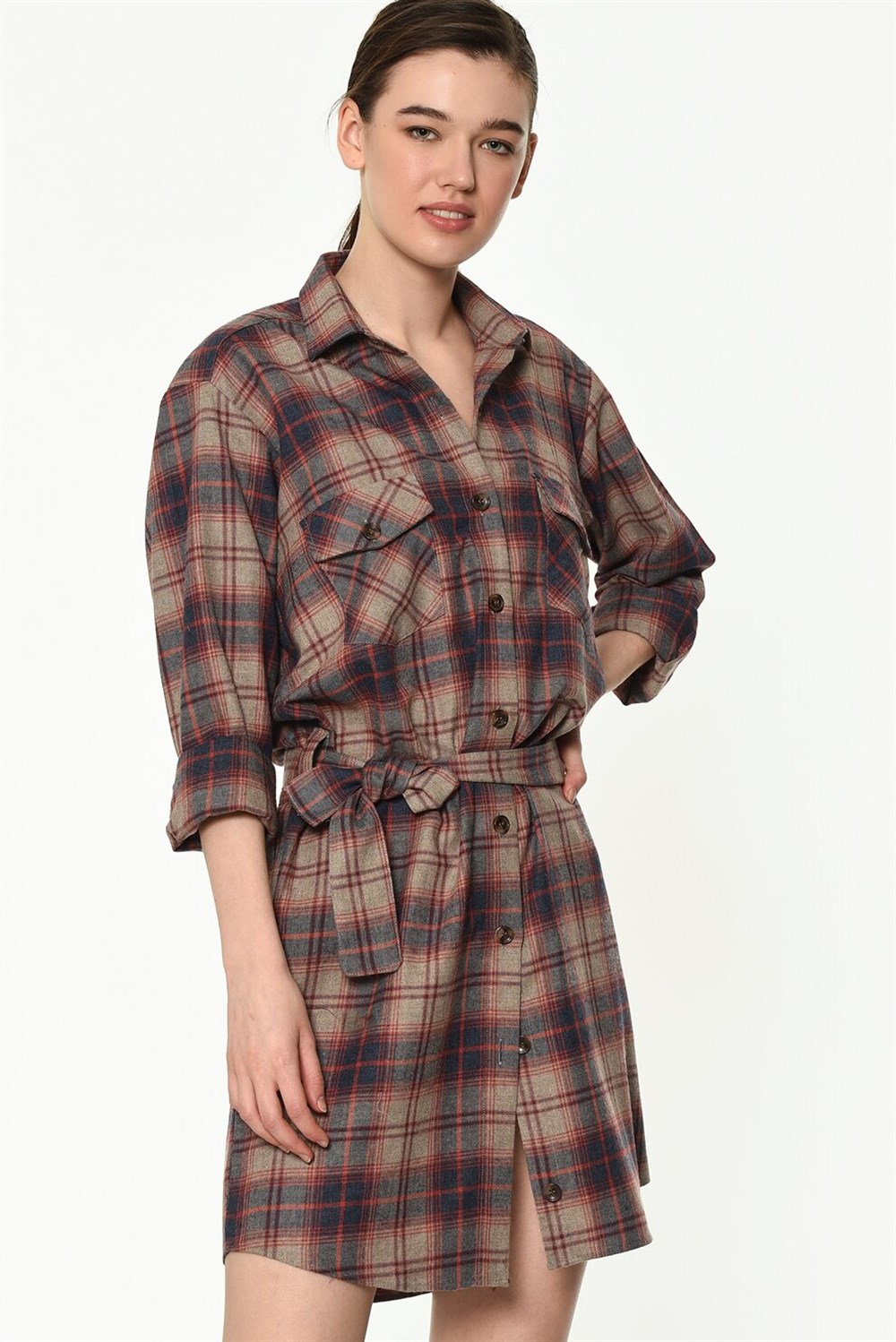 Z6669 DEWBERRY BAYAN GÖMLEK-BEJ-KIRMIZI