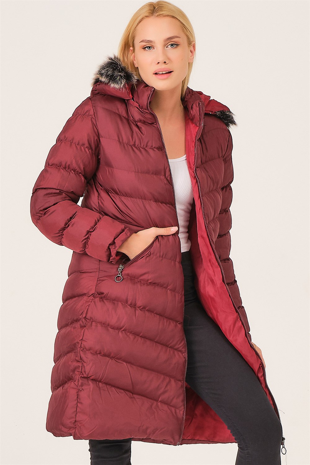 Z6690 DEWBERRY KÜRKLÜ KAPŞONLU BAYAN KABAN-BORDO