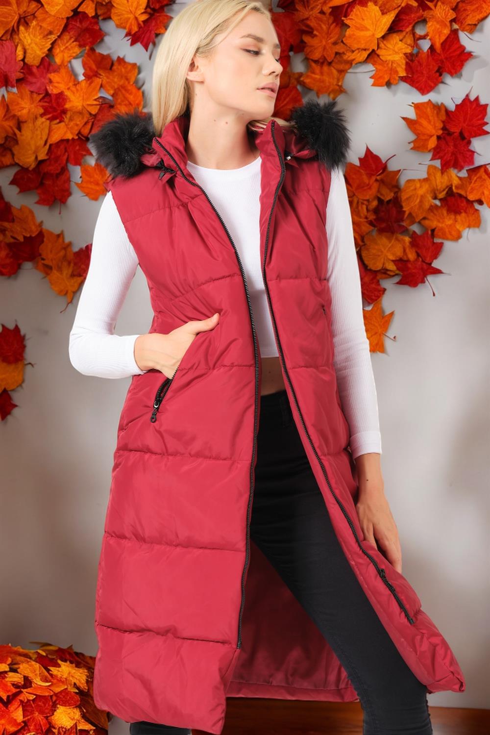 Z6741 DEWBERRY BAYAN YELEK-DÜZ BORDO