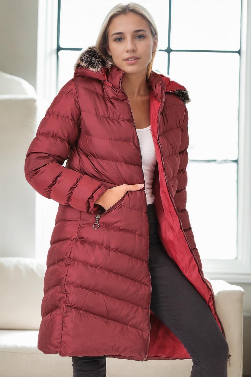 Z9690 DEWBERRY KÜRKLÜ KAPŞONLU BAYAN KABAN-BORDO