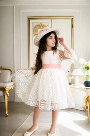 N8712 Dewberry Princess Model Girls Dress with Hat & Lace-BEYAZ