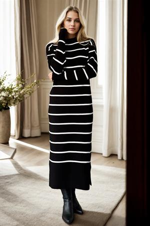 Z3059 Dewberry Womens Striped Long Sleeve Knitwear Dress-SİYAH