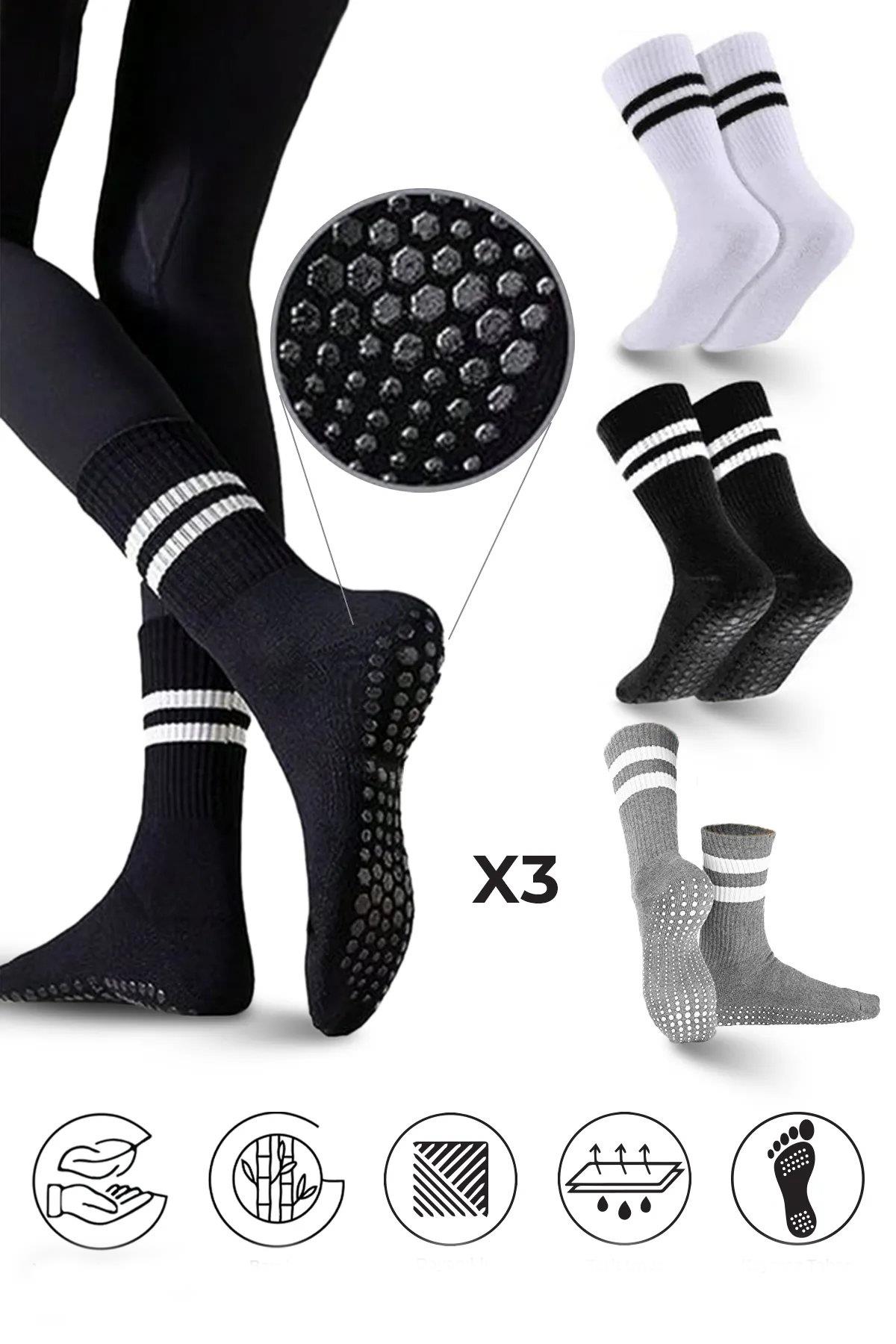 01575 Dewberry 3-Pack Silicone Grip Non-Slip Sports Socks-BEYAZ-SİYAH-GRİ