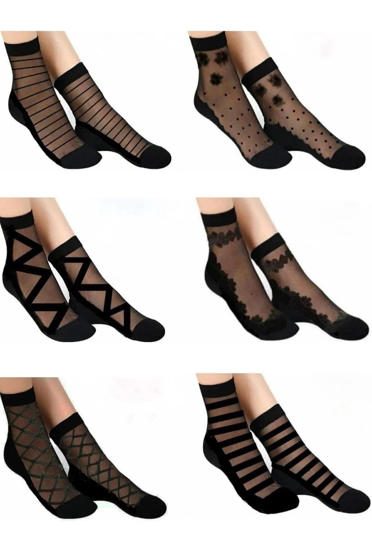 03782 Dewberry 6 Piece Womens Black Patterned Tulle Socks-SİYAH