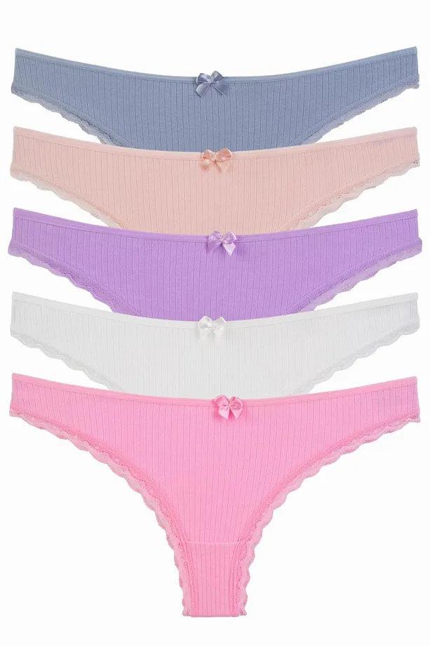 09652 Dewberry Womens Panties Brazillian 5 Pack Lycra Lace-ÇOK RENKLİ
