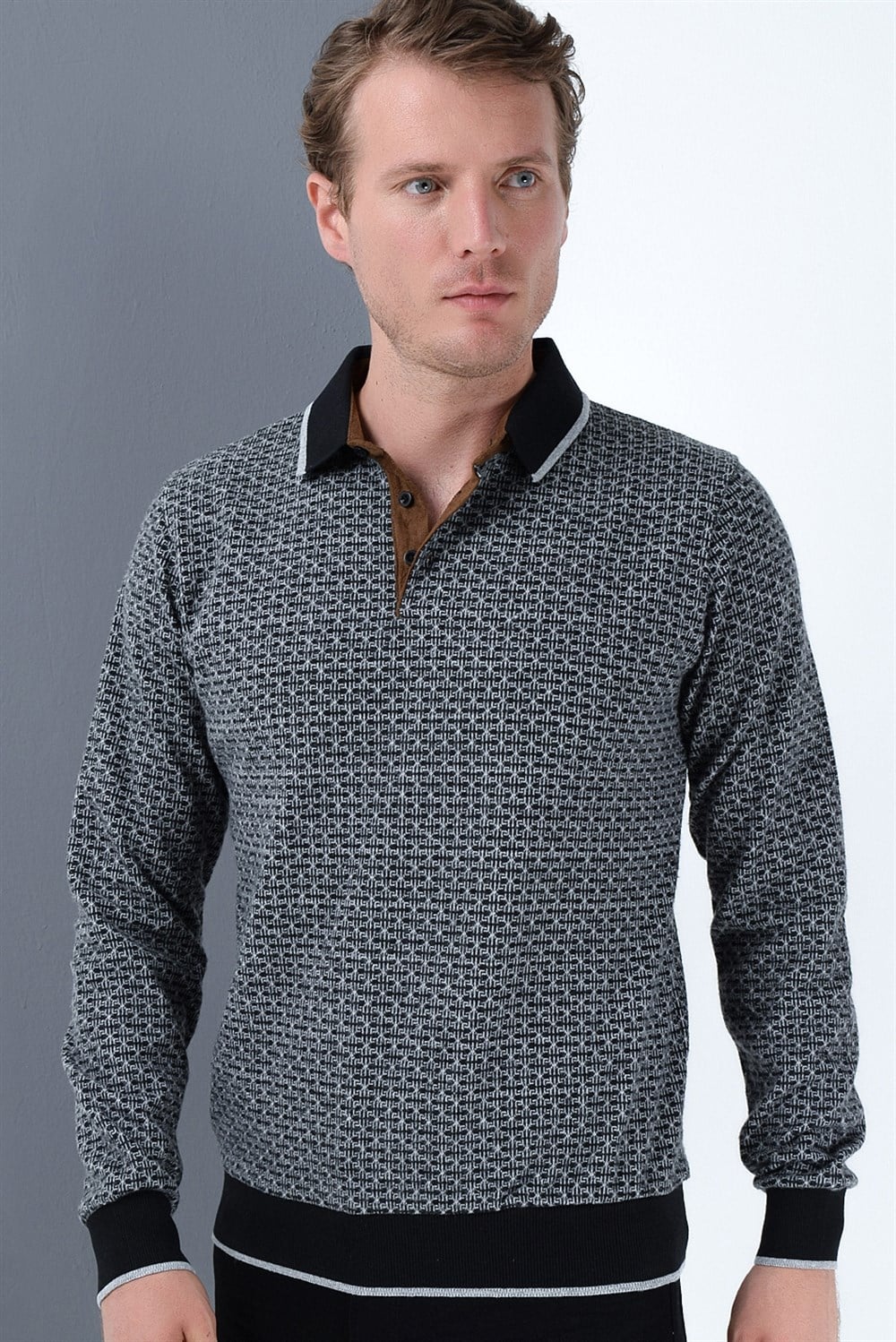 1038 DEWBERRY ERKEK SWEATSHIRT-DESENLİ SİYAH