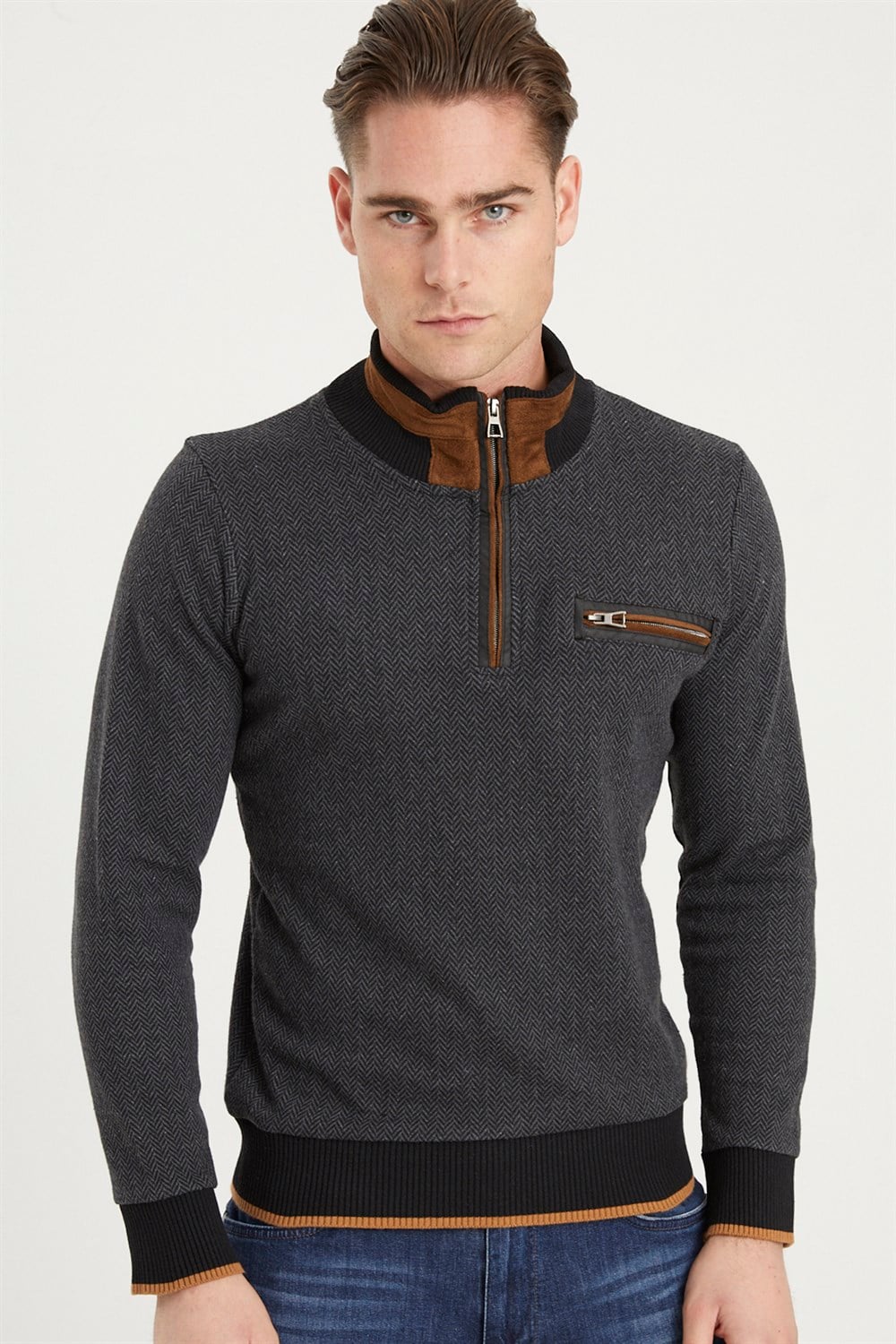 1039 DEWBERRY ERKEK SWEATSHIRT-DESENLİ ANTRASİT