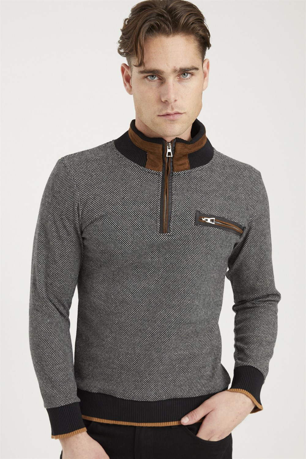 1039 DEWBERRY ERKEK SWEATSHIRT-SİYAH-BEYAZ